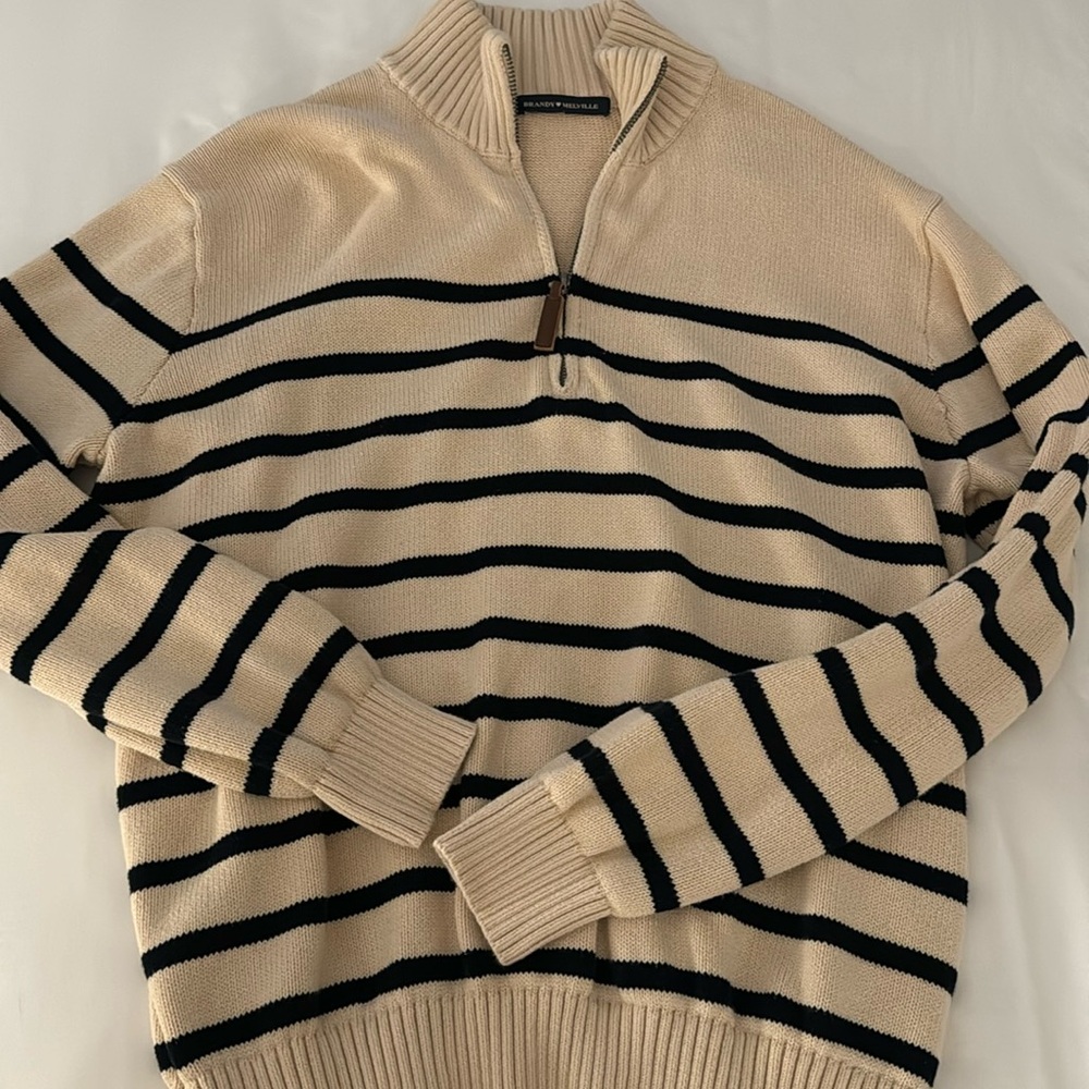 Brandy Melville Aleah Striped Cream Navy Quarter Zip Sweater